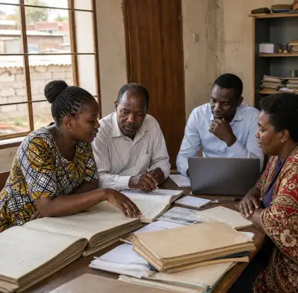 Representative scene of Zambian small-business owners and finance professionals reviewing paper ledgers alongside a laptop